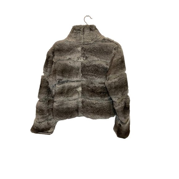June Grey Reversible Rabbit Fur Jacket Leather Trim/polyester Side Jacket Size L - Picture 2 of 16